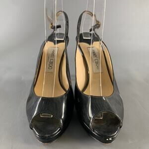 JIMMY CHOO Size 8 Black Patent Leather Slingback Sandals
